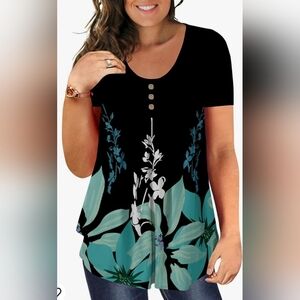 BeadChica Plus Size Black and Green/Blue Floral Tunic Top - XXL
